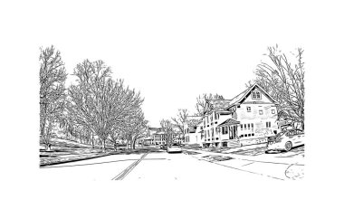 Print Building view with landmark of Saratoga Springs is the city of New York State. Vektörde elle çizilmiş çizim çizimi.