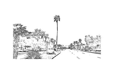 Scottsdale 'in simgesi olan Print Building View Arizona' da bulunmaktadır. Vektörde elle çizilmiş çizim çizimi.