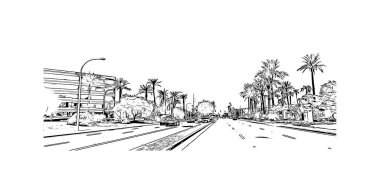 Scottsdale 'in simgesi olan Print Building View Arizona' da bulunmaktadır. Vektörde elle çizilmiş çizim çizimi.
