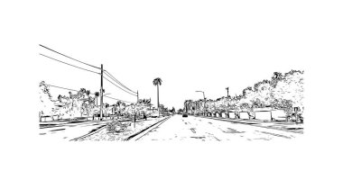 Scottsdale 'in simgesi olan Print Building View Arizona' da bulunmaktadır. Vektörde elle çizilmiş çizim çizimi.