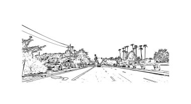 Scottsdale 'in simgesi olan Print Building View Arizona' da bulunmaktadır. Vektörde elle çizilmiş çizim çizimi.
