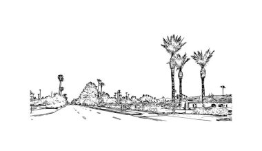 Scottsdale 'in simgesi olan Print Building View Arizona' da bulunmaktadır. Vektörde elle çizilmiş çizim çizimi.