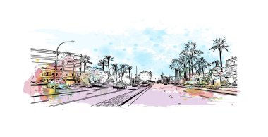 Scottsdale 'in simgesi olan Print Building View Arizona' da bulunmaktadır. Vektörde elle çizilmiş resim ile suluboya sıçraması.