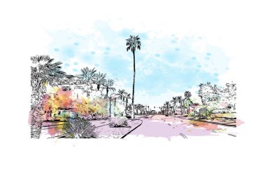 Scottsdale 'in simgesi olan Print Building View Arizona' da bulunmaktadır. Vektörde elle çizilmiş resim ile suluboya sıçraması.