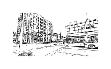 Scranton 'ın simgesi olan Print Building View Pensilvanya' da bulunmaktadır. Vektörde elle çizilmiş çizim çizimi.