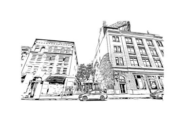 Scranton 'ın simgesi olan Print Building View Pensilvanya' da bulunmaktadır. Vektörde elle çizilmiş çizim çizimi.