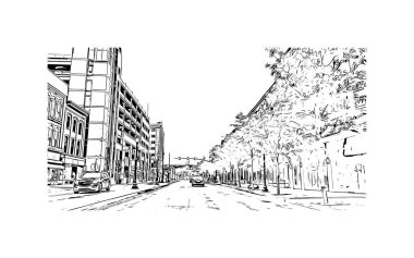 Scranton 'ın simgesi olan Print Building View Pensilvanya' da bulunmaktadır. Vektörde elle çizilmiş çizim çizimi.