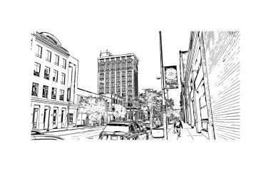 Scranton 'ın simgesi olan Print Building View Pensilvanya' da bulunmaktadır. Vektörde elle çizilmiş çizim çizimi.