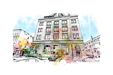 Scranton 'ın simgesi olan Print Building View Pensilvanya' da bulunmaktadır. Vektörde elle çizilmiş resim ile suluboya sıçraması.