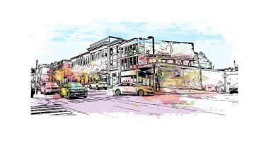 Scranton 'ın simgesi olan Print Building View Pensilvanya' da bulunmaktadır. Vektörde elle çizilmiş resim ile suluboya sıçraması.