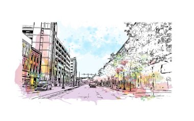 Scranton 'ın simgesi olan Print Building View Pensilvanya' da bulunmaktadır. Vektörde elle çizilmiş resim ile suluboya sıçraması.