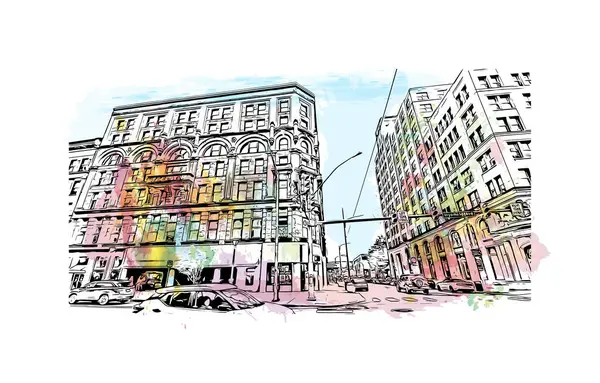 Scranton 'ın simgesi olan Print Building View Pensilvanya' da bulunmaktadır. Vektörde elle çizilmiş resim ile suluboya sıçraması.