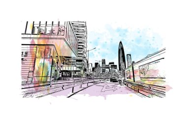 Shenzhen 'in simgesi olan Print Building Manzarası Çin' de bir şehirdir. Vektörde elle çizilmiş resim ile suluboya sıçraması.