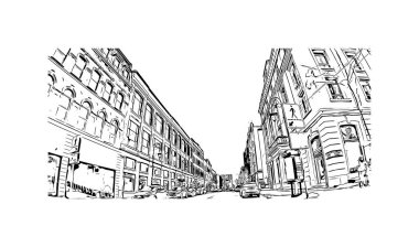 Sherbrooke 'un simgesi olan Print Building View Kanada' da bulunmaktadır. Vektörde elle çizilmiş çizim çizimi.