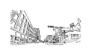 Sherbrooke 'un simgesi olan Print Building View Kanada' da bulunmaktadır. Vektörde elle çizilmiş çizim çizimi.