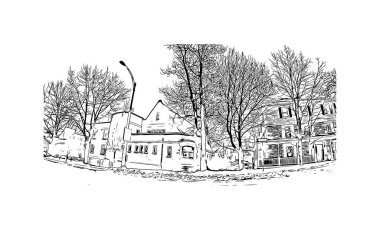 Sherbrooke 'un simgesi olan Print Building View Kanada' da bulunmaktadır. Vektörde elle çizilmiş çizim çizimi.