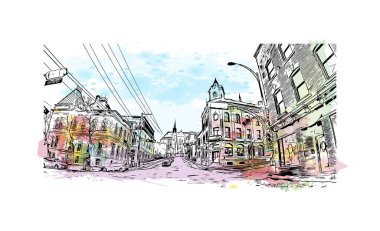 Sherbrooke 'un simgesi olan Print Building View Kanada' da bulunmaktadır. Vektörde elle çizilmiş resim ile suluboya sıçraması.