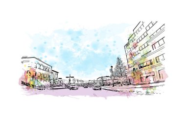 Sherbrooke 'un simgesi olan Print Building View Kanada' da bulunmaktadır. Vektörde elle çizilmiş resim ile suluboya sıçraması.