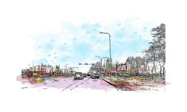 Siauliai, Litvanya 'da bir şehirdir. Vektörde elle çizilmiş resim ile suluboya sıçraması.