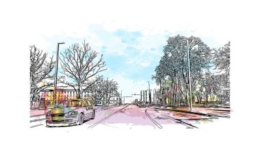 Siauliai, Litvanya 'da bir şehirdir. Vektörde elle çizilmiş resim ile suluboya sıçraması.