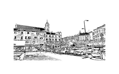 Sibenik 'in tarihi yapısına sahip Print Building Hırvatistan' ın kenti. Vektörde elle çizilmiş çizim çizimi.