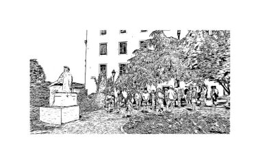 Sibenik 'in tarihi yapısına sahip Print Building Hırvatistan' ın kenti. Vektörde elle çizilmiş çizim çizimi.