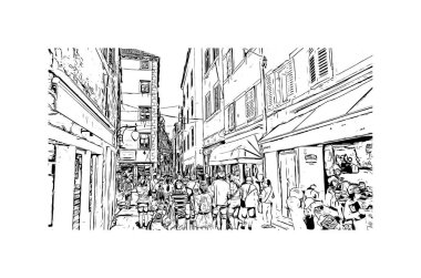 Sibenik 'in tarihi yapısına sahip Print Building Hırvatistan' ın kenti. Vektörde elle çizilmiş çizim çizimi.