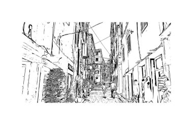 Sibenik 'in tarihi yapısına sahip Print Building Hırvatistan' ın kenti. Vektörde elle çizilmiş çizim çizimi.