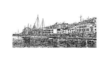 Sibenik 'in tarihi yapısına sahip Print Building Hırvatistan' ın kenti. Vektörde elle çizilmiş çizim çizimi.