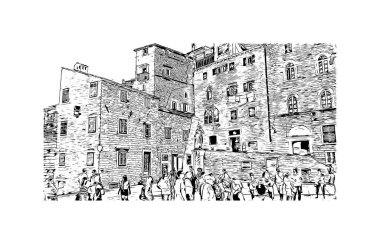 Sibenik 'in tarihi yapısına sahip Print Building Hırvatistan' ın kenti. Vektörde elle çizilmiş çizim çizimi.