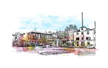Sibenik 'in tarihi yapısına sahip Print Building Hırvatistan' ın kenti. Vektörde elle çizilmiş resim ile suluboya sıçraması.
