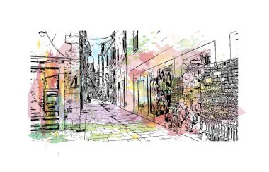 Sibenik 'in tarihi yapısına sahip Print Building Hırvatistan' ın kenti. Vektörde elle çizilmiş resim ile suluboya sıçraması.