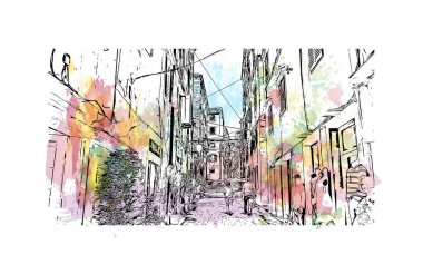 Sibenik 'in tarihi yapısına sahip Print Building Hırvatistan' ın kenti. Vektörde elle çizilmiş resim ile suluboya sıçraması.