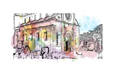 Sibenik 'in tarihi yapısına sahip Print Building Hırvatistan' ın kenti. Vektörde elle çizilmiş resim ile suluboya sıçraması.