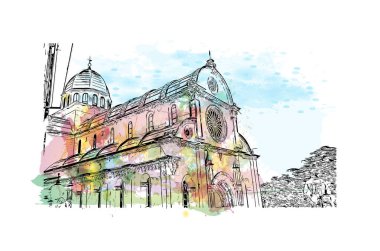 Sibenik 'in tarihi yapısına sahip Print Building Hırvatistan' ın kenti. Vektörde elle çizilmiş resim ile suluboya sıçraması.