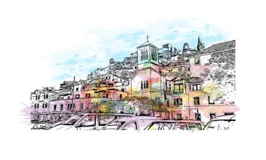 Sibenik 'in tarihi yapısına sahip Print Building Hırvatistan' ın kenti. Vektörde elle çizilmiş resim ile suluboya sıçraması.