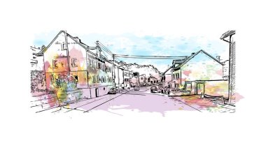 Print Building view with landmark of Siegen is a city of Germany. Vektör içinde El çizilmiş çizim ile suluboya sıçraması.