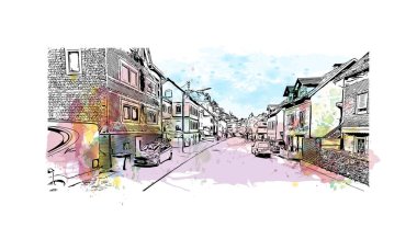 Print Building view with landmark of Siegen is a city of Germany. Vektör içinde El çizilmiş çizim ile suluboya sıçraması.