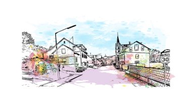 Print Building view with landmark of Siegen is a city of Germany. Vektör içinde El çizilmiş çizim ile suluboya sıçraması.