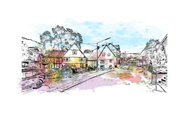 Print Building view with landmark of Siegen is a city of Germany. Vektör içinde El çizilmiş çizim ile suluboya sıçraması.