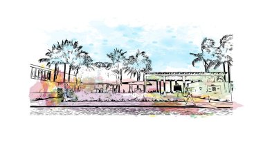 Siesta Key 'in simgesi olan Print Building View, Florida' da bir bariyer adadır. Vektörde elle çizilmiş resim ile suluboya sıçraması.
