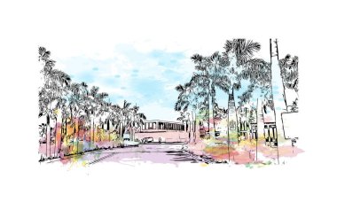 Siesta Key 'in simgesi olan Print Building View, Florida' da bir bariyer adadır. Vektörde elle çizilmiş resim ile suluboya sıçraması.