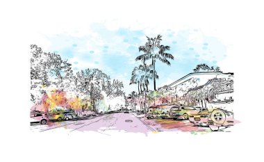 Siesta Key 'in simgesi olan Print Building View, Florida' da bir bariyer adadır. Vektörde elle çizilmiş resim ile suluboya sıçraması.
