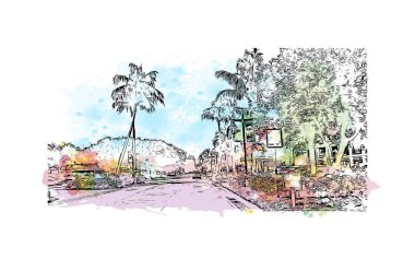 Siesta Key 'in simgesi olan Print Building View, Florida' da bir bariyer adadır. Vektörde elle çizilmiş resim ile suluboya sıçraması.
