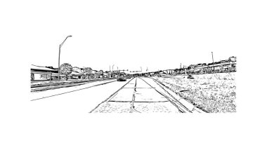 Sioux 'un simgesi olan Print Building View, Iowa' nın kuzeybatısındaki şehir. Vektörde elle çizilmiş çizim çizimi.