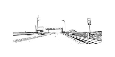 Sioux 'un simgesi olan Print Building View, Iowa' nın kuzeybatısındaki şehir. Vektörde elle çizilmiş çizim çizimi.