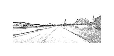 Sioux 'un simgesi olan Print Building View, Iowa' nın kuzeybatısındaki şehir. Vektörde elle çizilmiş çizim çizimi.