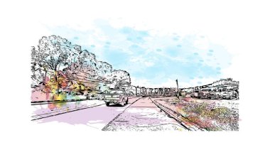 Sioux 'un simgesi olan Print Building View, Iowa' nın kuzeybatısındaki şehir. Vektörde elle çizilmiş resim ile suluboya sıçraması.