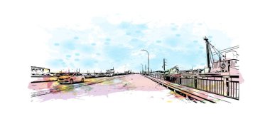 Sioux 'un simgesi olan Print Building View, Iowa' nın kuzeybatısındaki şehir. Vektörde elle çizilmiş resim ile suluboya sıçraması.