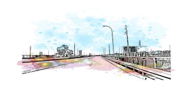 Sioux 'un simgesi olan Print Building View, Iowa' nın kuzeybatısındaki şehir. Vektörde elle çizilmiş resim ile suluboya sıçraması.